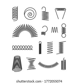 Metal industrial coils set. Twisted cords, flexible springy spirals, twisted curved elements. Vector illustrations for machine industry, damper, equipment parts topics