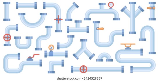 Metal industrial conduit with connections and valves. Vector flat cartoon style, isolated water, fuel or gas supply system, oil refinery industry. Pressure measurement devices for flows