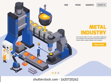 Metal industry colored banner with steel making automated equipment conveyor workers 3d isometric vector illustration