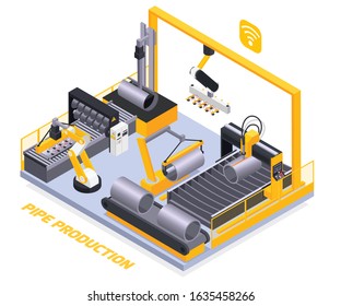 Metal industry isometric composition with equipment for pipe production 3d vector illustration