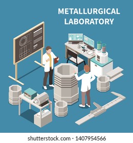 Metal industry isometric composition with two people in metallurgical laboratory 3d vector illustration