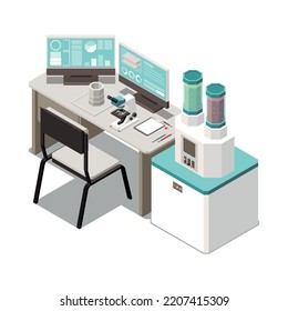 Metal industry isometric icon with computer and laboratory equipment 3d vector illustration