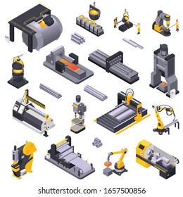 Metal industry isometric icons set with automated plant equipment and workers isolated on white background 3d vector illustration