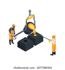 Metal industry metalworking isometric composition with isolated image of steel bucket with two workers vector illustration