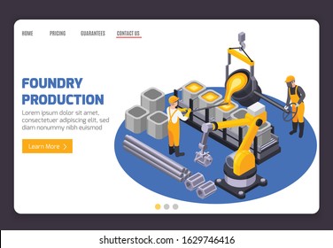 Metal industry plant banner with two workers casting iron 3d isometric vector illustration