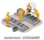 Metal industry steel and iron Factory process laborer worker casting metal yellow suite dangerous career concept isometric isolated cartoon vector 