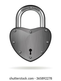 Metal, iron heart lock on white background. Padlock with the inscription. I love you. Vector illustration.