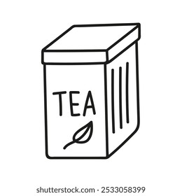 Metal jar with lid for storing tea. Hand drawn doodle illustration.