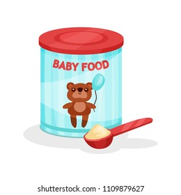 Metal Jar Of Milk Powder And Full Spoon. Flat Vector Icon Of Baby Food. Infant Formula. Nutrition For Toddlers