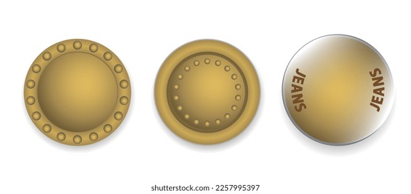 metal jeans rivet, sewing button accessories isolated 3D illustration