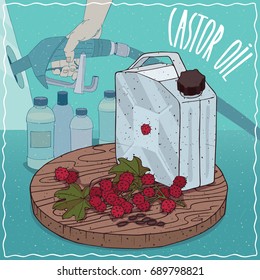 Metal Jerrycan of Castor oil and seeds of Castorbean or Ricinus communis plant. Filling at gas petrol station. Natural vegetable oil used for fuel production. Vector illustration