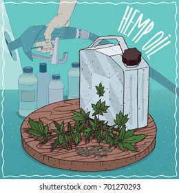 Metal Jerrycan of Hemp seed oil and leaves and seeds of Cannabis sativa plant. Filling at gas petrol station. Natural vegetable oil used for fuel production. Vector illustration