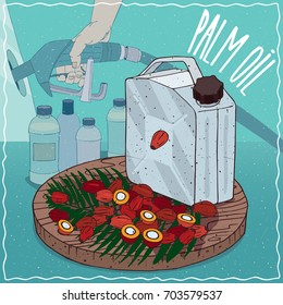 Metal Jerrycan of Palm oil and seeds of Elaeis guineensis plant. Filling at gas petrol station. Natural vegetable oil used for fuel production. Vector illustration