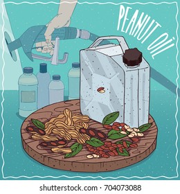 Metal Jerrycan of Peanut oil and Peanuts. Filling at gas petrol station. Natural vegetable oil used for fuel production. Vector illustration