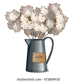 Metal kettle with lush white flowers. Vector illustration.
