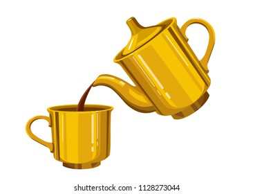 A metal kettle pours the tea into a cup. Tea in a tea pot with a mug