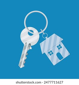 Metal key with keychain house. vector illustration in flat style