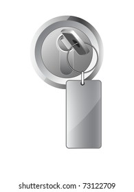 metal key in the lock with a label on the ring