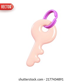 Metal key from the lock. Realistic 3d design element In plastic cartoon style. Icon isolated on white background. Vector illustration