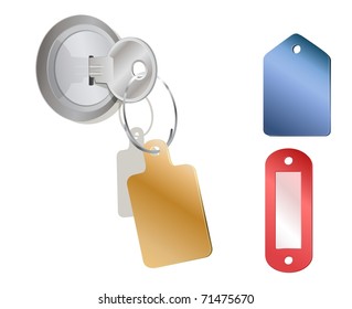 a metal key in a lock with a tag, different tags