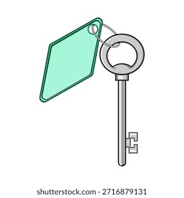 Chave de metal com um design minimalista com uma tag em forma de diamante verde em branco em um chaveiro, adequado para simbolizar conceitos de hospitalidade, acesso, acomodação ou segurança