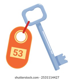 Metal key with an orange key fob hanging from it, showing the number 53