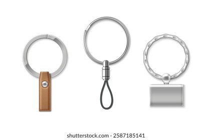 Metal key ring set with leather strap, black cord loop, rectangular steel pendant. Realistic 3d minimalist design keyholder on white background for merchandise mockup, branding elements creation.