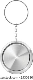 Metal keychain with circular metallic tag hanging from a ring, creating ideal space for adding corporate designs or messages