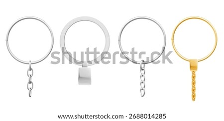 Metal keychain rings with silver chains and golden holder for keys or accessories. Chrome split circles with links and brass loop. Blank holders for customization or promotional pennant gifts.
