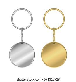 Metal keychain. Set of realistic golden and silver round shape keyring. Vector illustration.