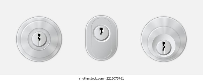 Metal keyholes for secure door lock, realistic set isolated. Silver or chrome key holes for padlocks mockup. Locker elements for safety. 3d vector illustration