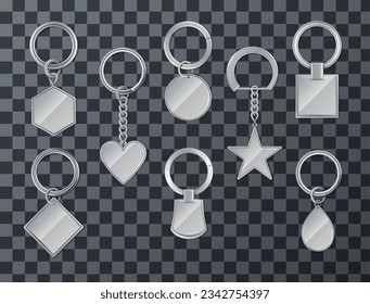 Metal keyrings with blank breloques of different shape realistic set isolated on transparent background vector illustration