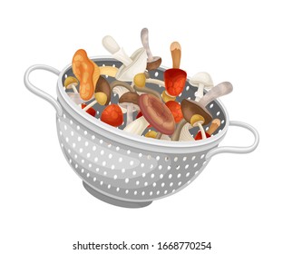 Metal Kitchen Colander or Strainer with Mushrooms Inside Vector Illustration