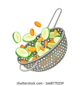 Metal Kitchen Colander or Strainer with Sliced Vegetables Inside Vector Illustration