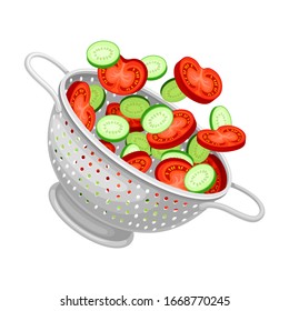 Metal Kitchen Colander or Strainer with Sliced Vegetables Inside Vector Illustration