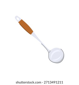 Concha de cozinha de metal com uma cabeça redonda e uma pega de madeira marrom com um buraco suspenso, representando um item comum de utensílios de cozinha usado para servir sopas e guisados