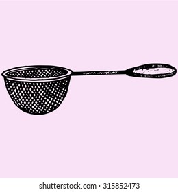 Metal kitchen sieve, Doodle style, sketch illustration.