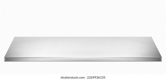 Metal kitchen tabletop isolated on transparent background. Steel table or countertop. Realistic vector illustration