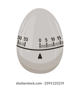 Metal kitchen timer for boiling eggs. Vector drawing of chef clock in the shape of egg. Cute chronometer for time control. Device for home, kitchen, restaurant, store, coffee shop, fitness club