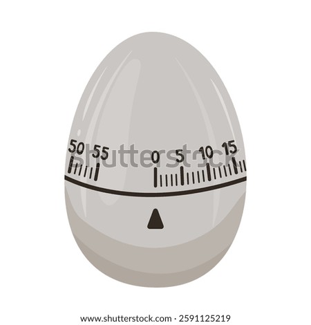 Metal kitchen timer for boiling eggs. Vector drawing of chef clock in the shape of egg. Cute chronometer for time control. Device for home, kitchen, restaurant, store, coffee shop, fitness club