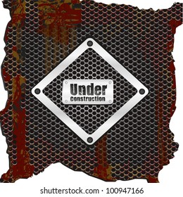 metal label on rusty metal background with grid pattern