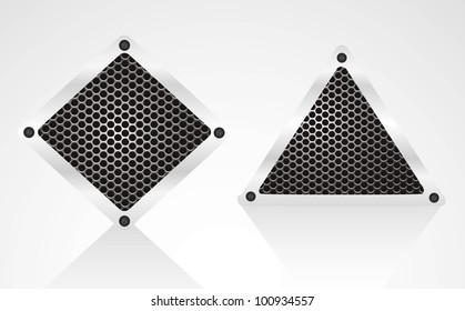 metal labels with grid, isolated on gray background