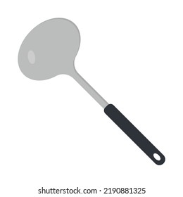 Metal Ladle Clipart Vector Illustration. Kitchen Soup Ladle With Black Plastic Handle Flat Vector Design. Soup Ladle Icon Isolated On White. Ladle Cartoon Clipart. Kitchen Utensils Concept Symbol