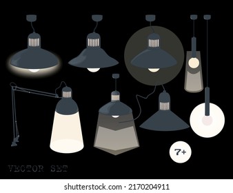 Metal lamps vector set. Indoor lights. Electric lamps.