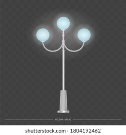 La linterna de metal brilla. Poste de la lámpara con luz realista. Vector.