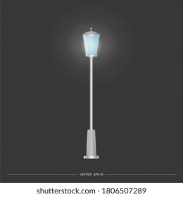 The metal lantern is shining. Lamp post with realistic light. Vector.