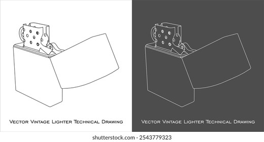 Metal Lighter cigarette vector from various positions line technical drawing blueprint isolated on transparent background