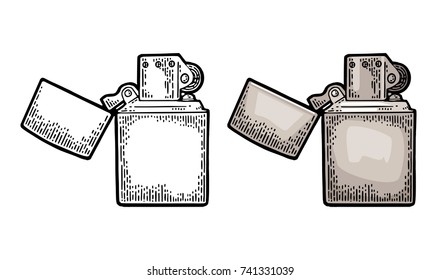 Metal lighter open. Vector vintage engraved color illustration isolated on white background.