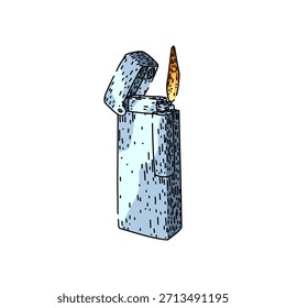 Metal lighter standing vertically on a white background, featuring a burning flame and an open lid, representing concepts of ignition, warmth, and retro style