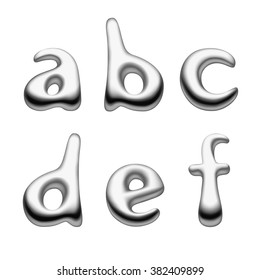 Metal and liquid mercury Alphabet small letters set isolated on white. Vector illustration.